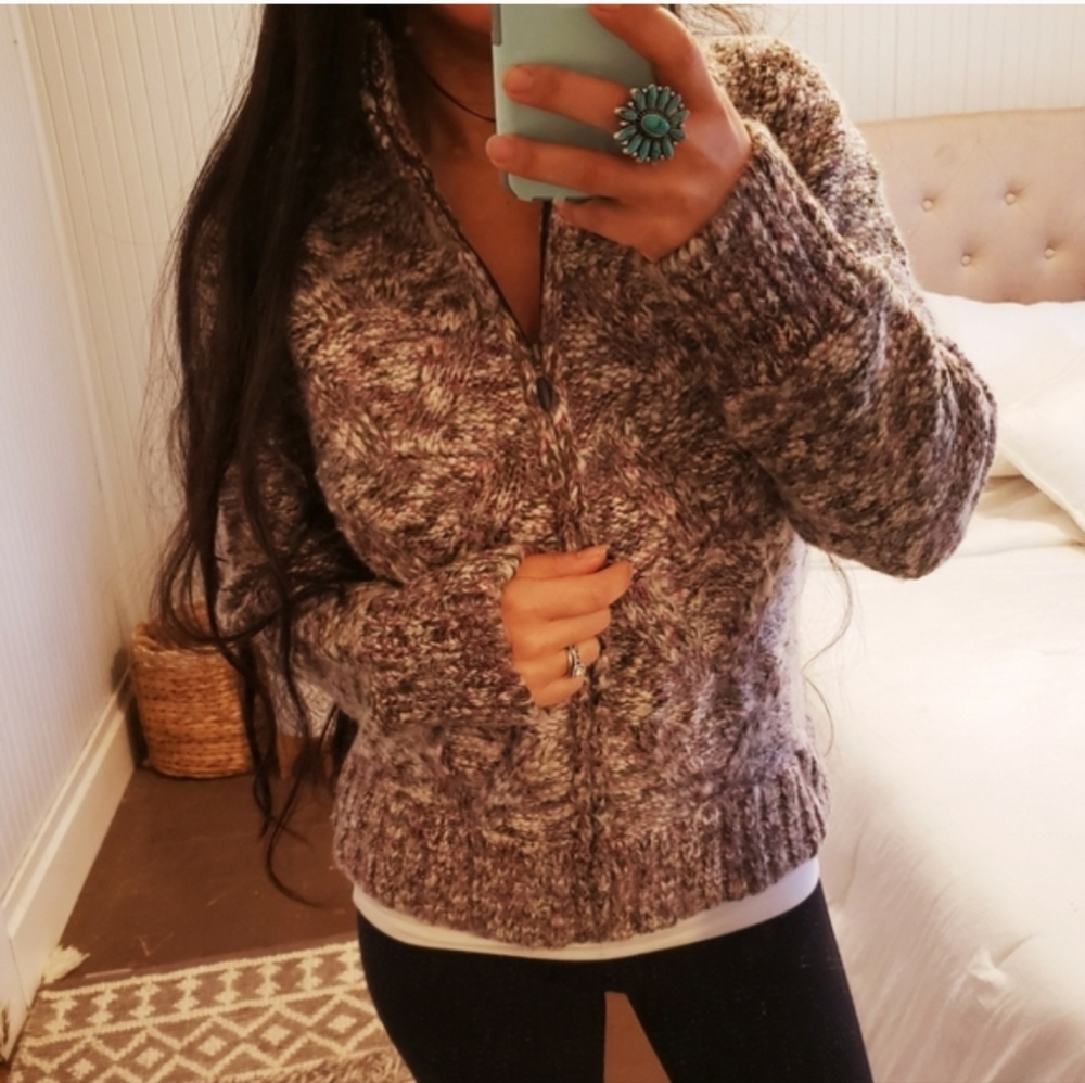 Exofficio Chunky Women's Cable Knit  Zip Up Marled Cardigan Sweater Wool Y2k